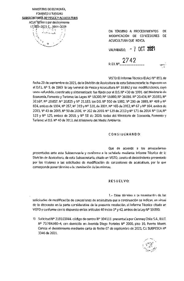 Res. Ex. N° 2742-2021 Da término a procedimientos de modificación de concesiones de acuicultura que indica.