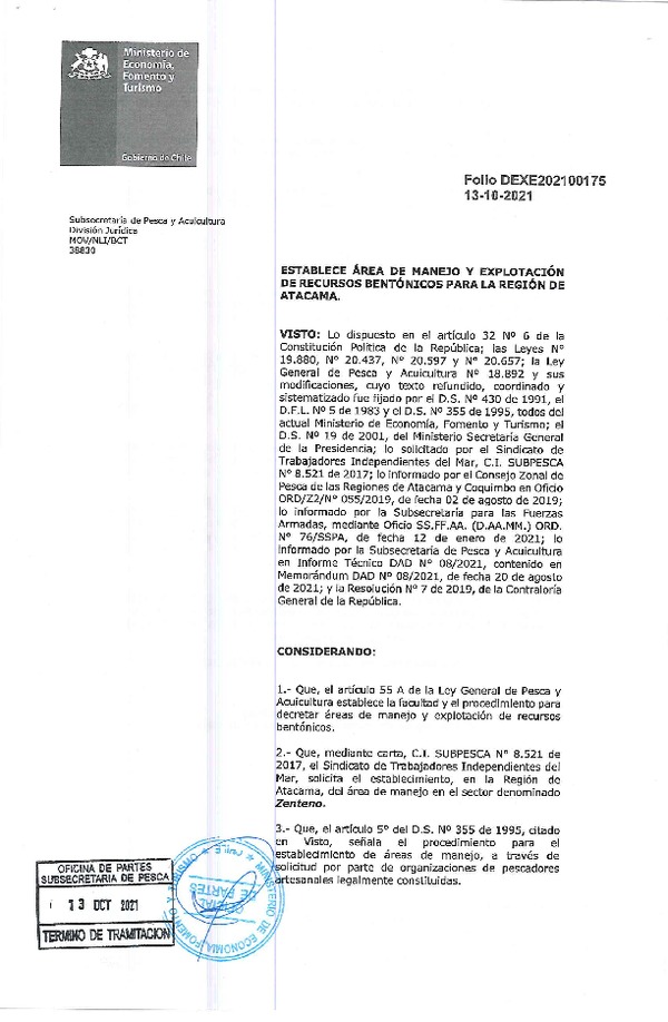 Dec. Ex. Folio N° DEXE202100175 Establece Área de Manejo Zenteno, Región de Atacama. (Publicado en Página Web 13-10-2021)