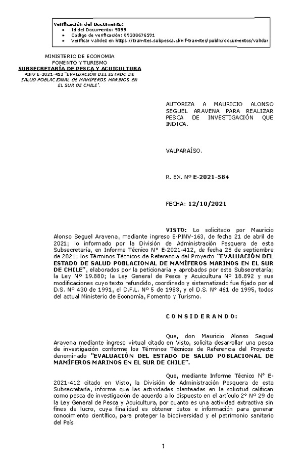  R. EX. Nº E-2021-584 EVALUACIÓN DEL ESTADO DE SALUD POBLACIONAL DE MAMÍFEROS MARINOS EN EL SUR DE CHILE. (Publicado en Página Web 14-10-2021)