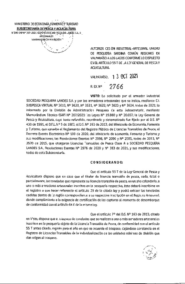 Res. Ex. N° 2766-2021 Autoriza Cesión unidad de pesquería Sardina común, Regiones Valparaíso a Los Lagos. (Publicado en Página Web 14-10-2021)