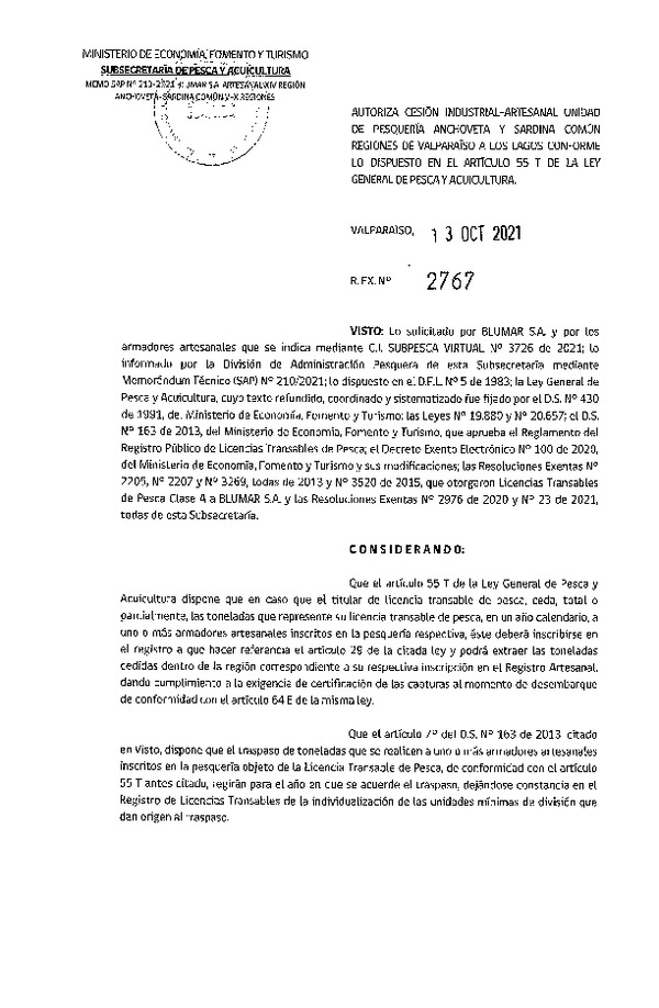 Res. Ex. N° 2767-2021 Autoriza Cesión unidad de pesquería Anchoveta y Sardina común, Regiones Valparaíso a Los Lagos. (Publicado en Página Web 14-10-2021)