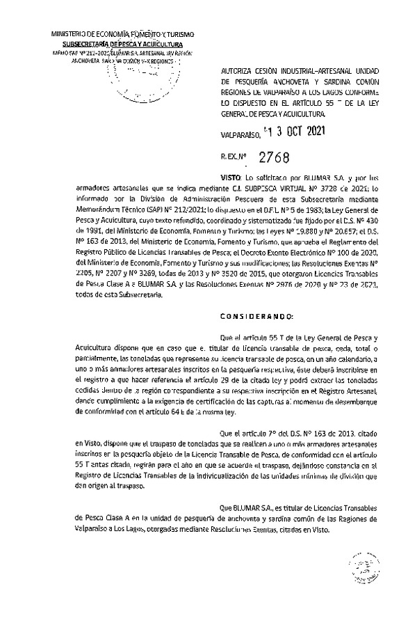 Res. Ex. N° 2768-2021 Autoriza Cesión unidad de pesquería Anchoveta y Sardina común, Regiones Valparaíso a Los Lagos. (Publicado en Página Web 14-10-2021)