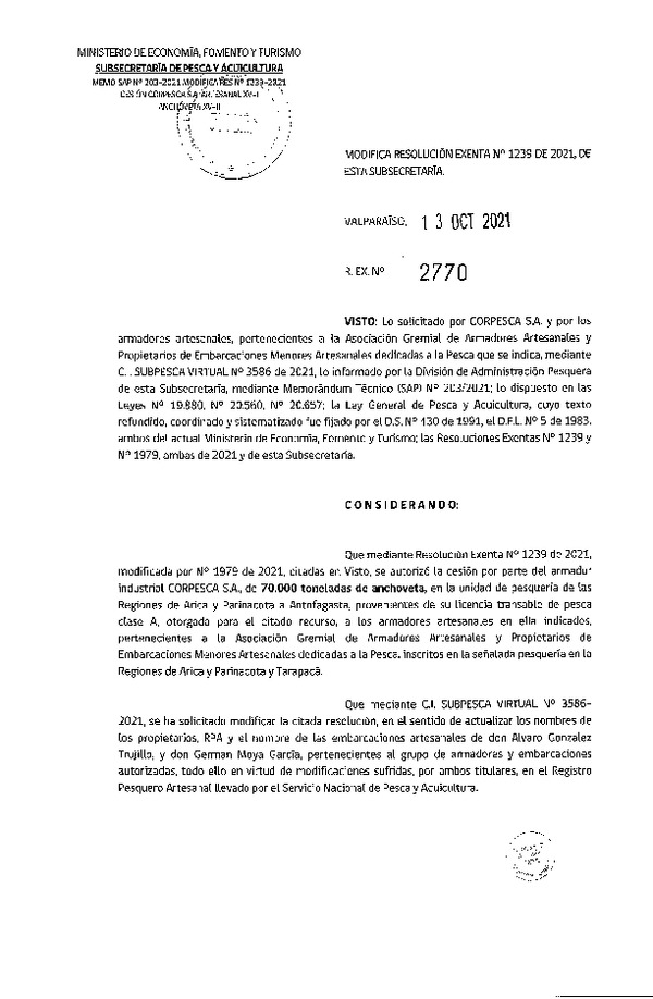 Res. Ex. N° 2770-2021 Modifica Res. Ex. N° 1239-2021 Autoriza Cesión Anchoveta, Regiones de Arica y Parinacota a Región de Antofagasta. (Publicado en Página Web 14-10-2021)