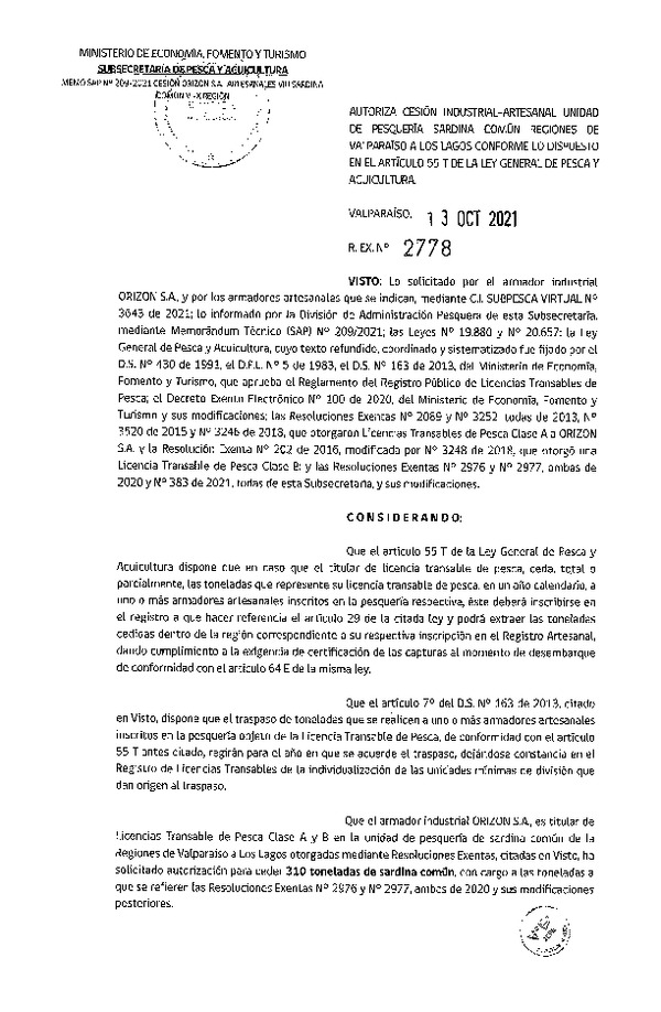 Res. Ex. N° 2778-2021 Autoriza Cesión unidad de pesquería Sardina común, Regiones Valparaíso a Los Lagos. (Publicado en Página Web 14-10-2021)