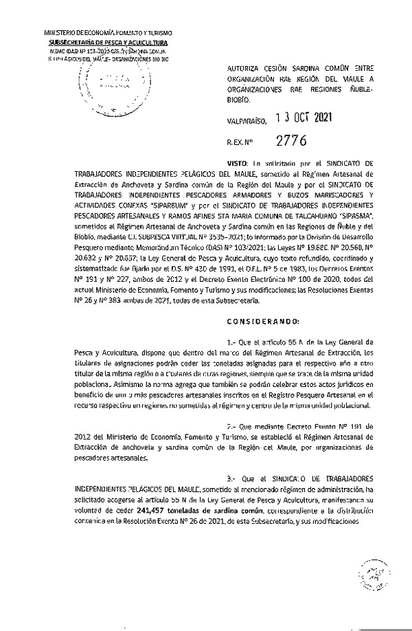 Res Ex N° 2776-2021 Autoriza cesión de pesquería Sardina Común, Regiones del Maule a Ñuble - Biobío. (Publicado en Página Web 14-10-2021).