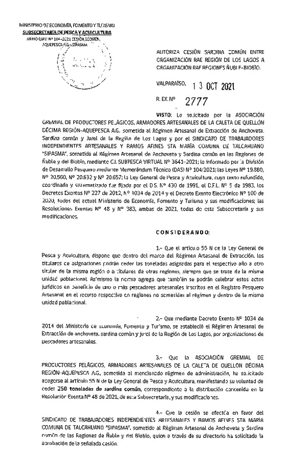  Res. Ex. N° 2777-2021 Autoriza Cesión Sardina común, Región de Los Lagos a Ñuble-Biobío. (Publicado en Página Web 14-10-2021)
