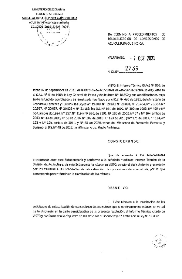 Res. Ex. N° 2739-2021 Da término a procedimientos de relocalización de concesiones de acuicultura que indica.