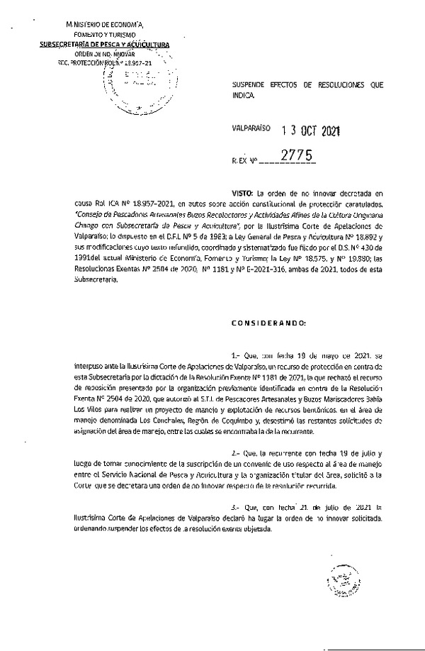 Res. Ex. N° 2775-2021 Suspende Efectos de Resoluciones que Indica. (Publicado en Página Web 14-10-2021)