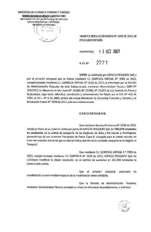 Res. Ex. N° 2771-2021 Modifica Res. Ex. N° 2658-2021 Autoriza Cesión unidad de pesquería Anchoveta Regiones Arica y Parinacota a Antofagasta. (Publicado en Página Web 14-10-2021)