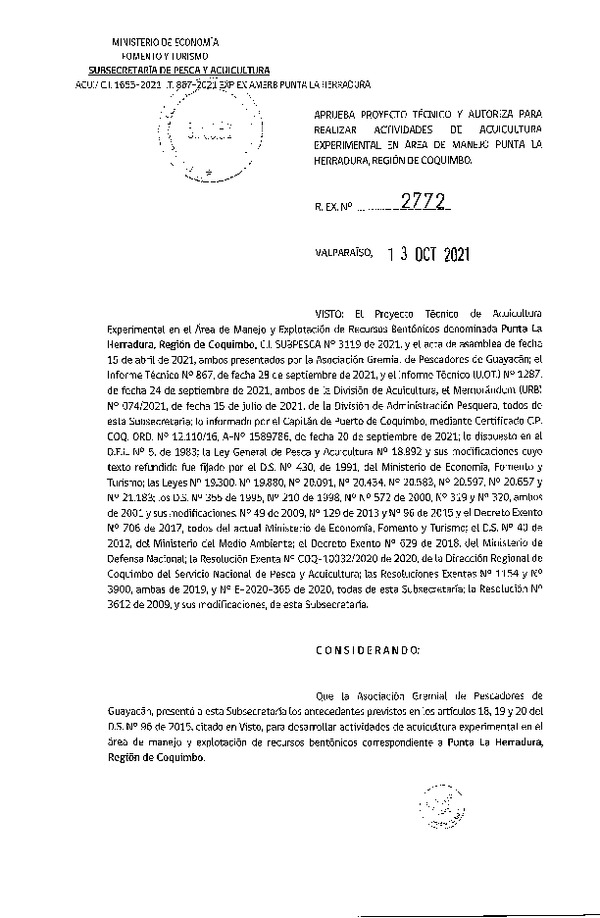 Res. Ex N° 2772-2021 Aprueba proyecto técnico y autoriza para realizar actividades de acuicultura en Área de manejo Punta La Herradura, Región de Coquimbo. (Publicado en Página Web 14-10-2021)