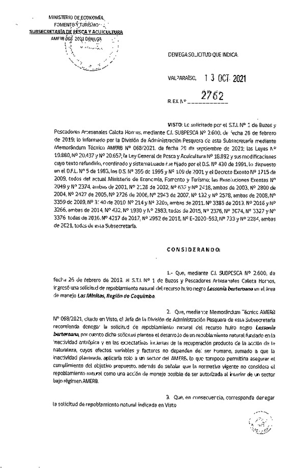 Res. Ex. N° 2762-2021 Deniega solicitud. (Publicado en Página Web 14-10-2021)