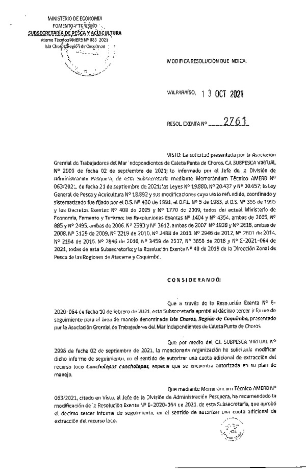 Res. Ex. N° 2761-2021 Modifica Resolución que indica. (Publicado en Página Web 14-10-2021)