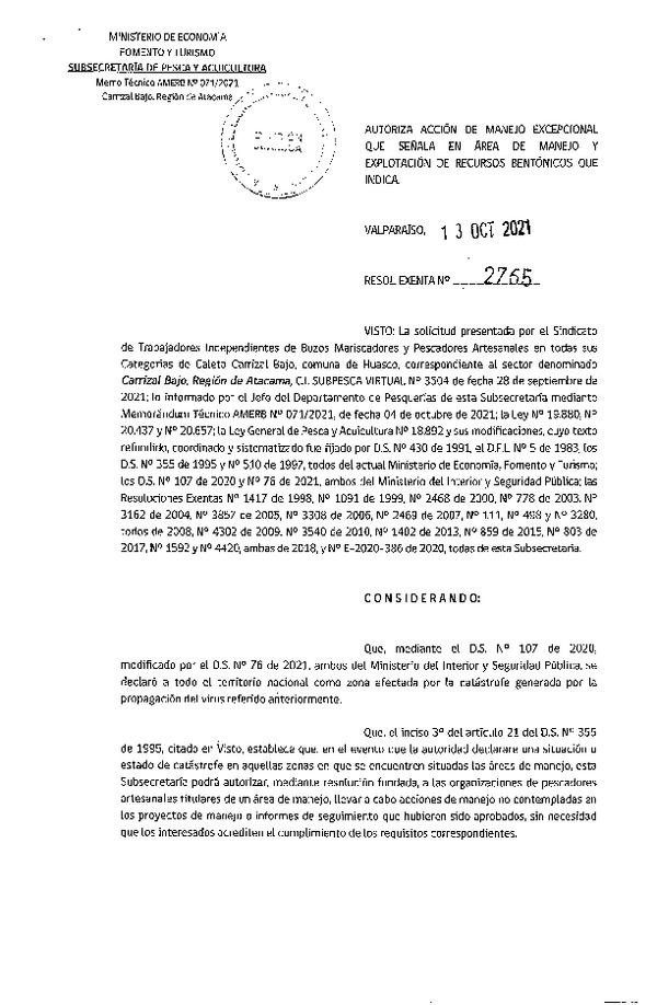 Res. Ex. N° 2765-2021 Autoriza acción de manejo excepcional que señala. (Publicado en Página Web 14-10-2021)