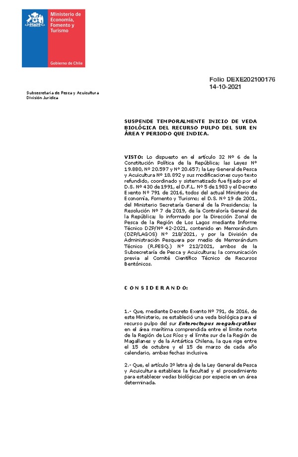 Dec. Ex. Folio 202100176 Suspende Temporalmente Veda Biológica Para el Recurso Pulpo del Sur, Región de Los Ríos y La Antártica Chilena. (Publicado en Página Web 14-10-2021)