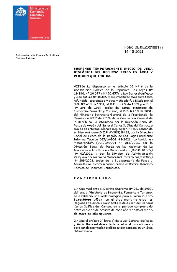 Dec. Ex. Folio 202100177 Suspende Veda Biológica Para el Recurso Erizo, Regiones de Los Ríos, Los Lagos y Aysén del General Carlos Ibáñez del Campo. (Publicado en Página Web 14-10-2021)