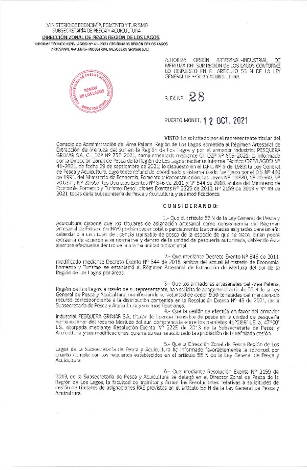 Res. Ex. N° 28-2021 (DZP Región de Los Lagos) Autoriza cesión Merluza del Sur (Publicado en Página Web 15-10-2021)