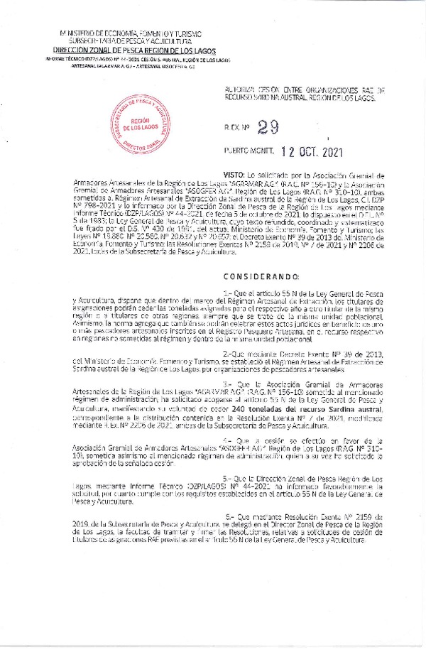 Res. Ex. 29-2021 (DZP Región de Los Lagos) Autoriza cesión sardina austral Región de Los Lagos. (Publicado en Página Web 15-10-2021)