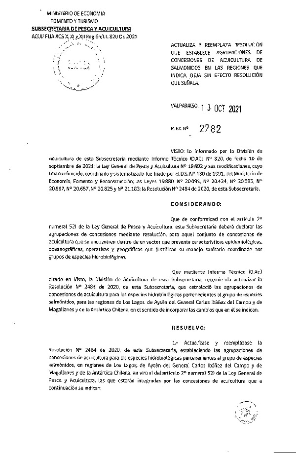 Res. Ex. N° 2782-2021 Actualiza y Reemplaza Resolución que Establece Agrupaciones de Concesiones de Acuicultura de Salmónidos en Regiones que Indica. (Publicado en Página Web 15-10-2021)