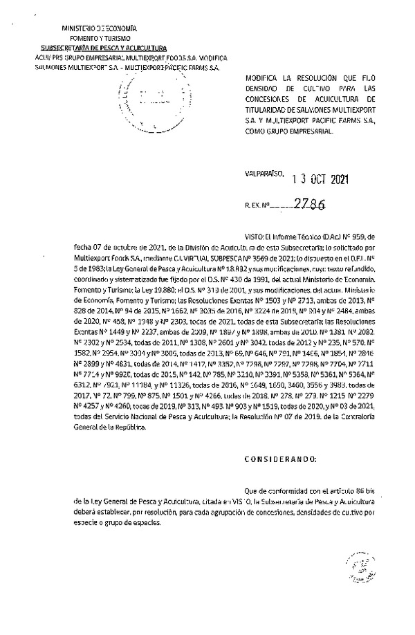 Res. Ex. N° 2786-2021 Modifica Res. Ex N° 458-2021 Fija densidad de cultivo para las concesiones de acuicultura de titularidad de Salmones Multiexport S.A. y Multiexport Pacific Farms S.A., como grupo empresarial. (Con Informe Técnico) (Publicado en Página Web 15-10-2021).