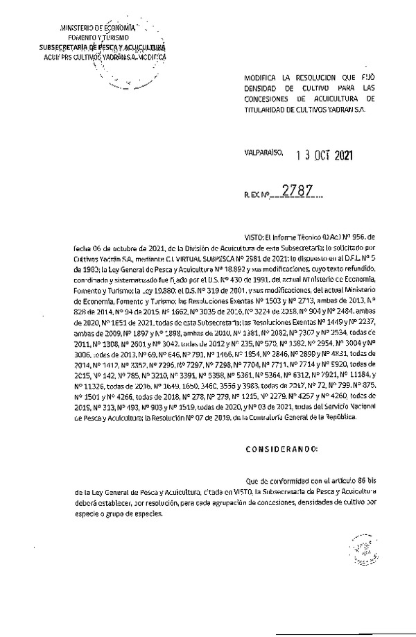 Res. Ex. N° 2787-2021 Modifica Res. Ex. N° 1851-2021 Fija densidad de cultivo para las concesiones de acuicultura de Titularidad de Cultivos Yadrán S.A.(Con Informe Técnico) (Publicado en Página Web 15-10-2021)