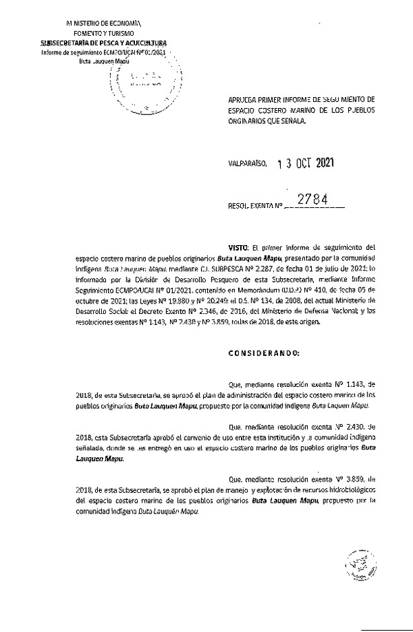 Res. Ex. N° 2784-2021 Aprueba primer informe de actividades del ECMPO Buta Lauquen Mapu. (Publicado en Página Web 15-10-2021)