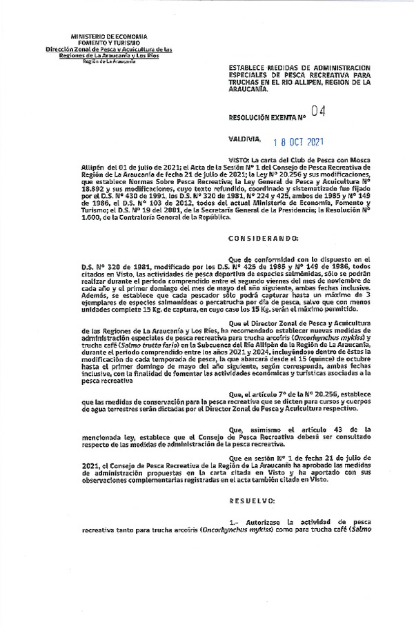 Res. Ex. N° 04-2021 (DZP La Araucanía y Los Ríos) Establece Medidas de Administración Especiales de Pesca Recreativa para Truchas en el Río Allipénel, Región de La Araucanía. (Publicado en Página Web 18-10-2021)