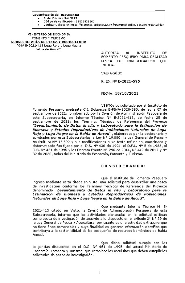 R. EX. Nº E-2021-595 Levantamiento de Datos in situ y Laboratorio para la Estimación de Biomasa y Estados Reproductivos de Poblaciones Naturales de Luga Roja y Luga Negra en la Bahía de Ancud. (Publicado en Página Web 19-10-2021)