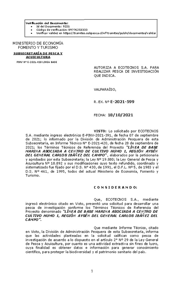 R. EX. Nº E-2021-599 LÍNEA DE BASE MARINA ASOCIADA A CENTRO DE CULTIVO HUMO 1, REGIÓN AYSÉN DEL GENERAL CARLOS IBÁÑEZ DEL CAMPO. (Publicado en Página Web 19-10-2021)