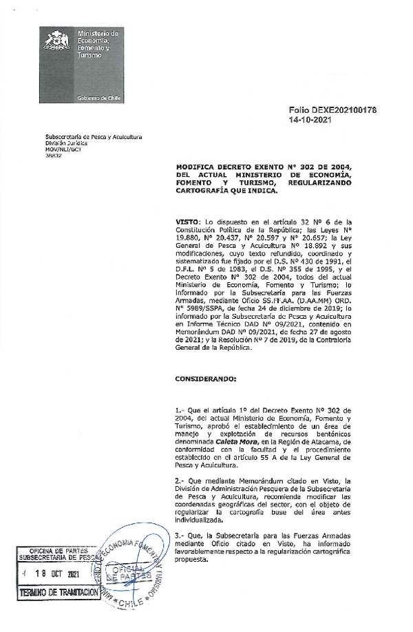 Dec. Ex. Folio N° DEXE202100178 Modifica Dec. Ex. N° 302-2004, Caleta Mora, Regularizando Cartografía que Indica. (Publicado en Página Web 19-10-2021)