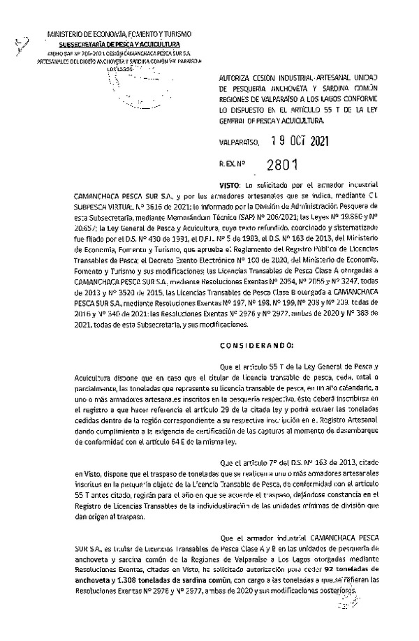 Res. Ex. N° 2801-2021 Autoriza Cesión unidad de pesquería de Anchoveta y Sardina común, Regiones Valparaíso a Los Lagos. (Publicado en Página Web 20-10-2021)