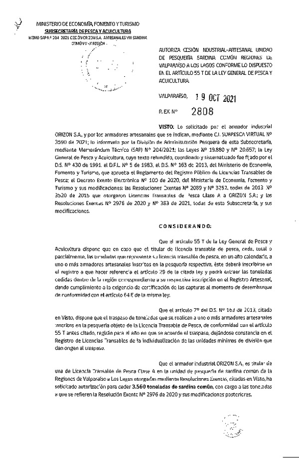 Res. Ex. N° 2808-2021 Autoriza Cesión unidad de pesquería de Sardina común, Regiones Valparaíso a Los Lagos. (Publicado en Página Web 20-10-2021)