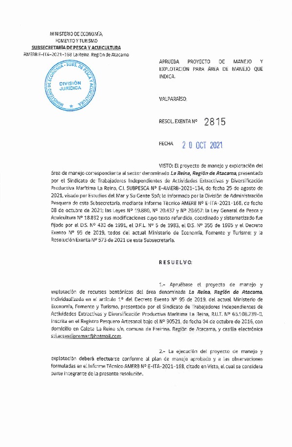 Res. Ex. N° 2815-2021 Aprueba Plan e Manejo. (Publicado en Página Web 20-10-2021)