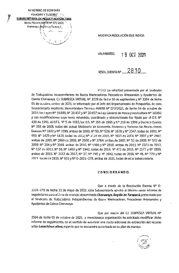 Res. Ex. N° 2810-2021 Modifica Res. E-2021-278. (Publicado en Página Web 20-10-2021)