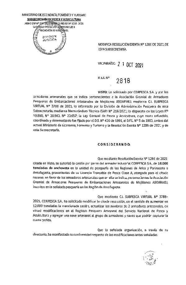 Res. Ex. N° 2818-2021 Modifica Res. Ex. N° 1286-2021 Autoriza Cesión Anchoveta, Regiones de Arica y Parinacota a Región de Antofagasta. (Publicado en Página Web 21-10-2021)