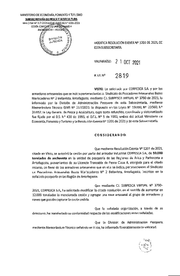 Res. Ex. N° 2819-2021 Modifica Res. Ex. N° 1201-2021 Autoriza Cesión Anchoveta, Regiones de Arica y Parinacota a Región de Antofagasta. (Publicado en Página Web 21-10-2021)