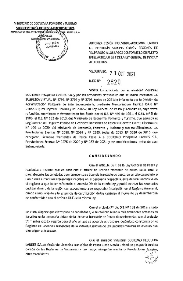 Res. Ex. N° 2820-2021 Autoriza Cesión unidad de pesquería de Sardina común, Regiones Valparaíso a Los Lagos. (Publicado en Página Web 21-10-2021)