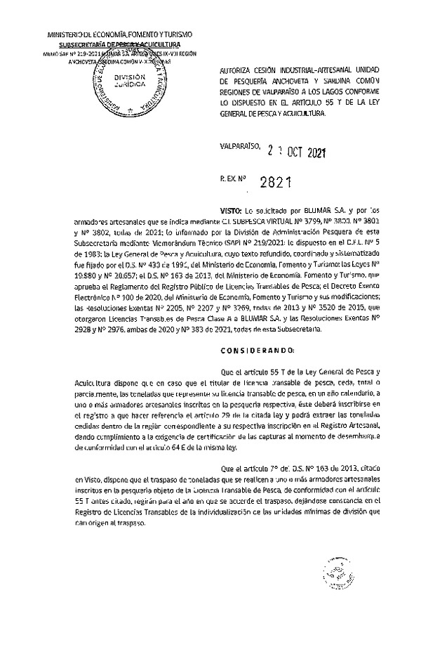 Res. Ex. N° 2821-2021 Autoriza Cesión unidad de pesquería de Anchoveta y Sardina común, Regiones Valparaíso a Los Lagos. (Publicado en Página Web 21-10-2021)