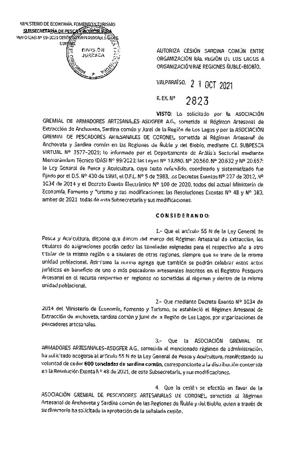 Res. Ex. N° 2823-2021 Autoriza Cesión Sardina común, Región de Los Lagos a Ñuble-Biobío. (Publicado en Página Web 21-10-2021)