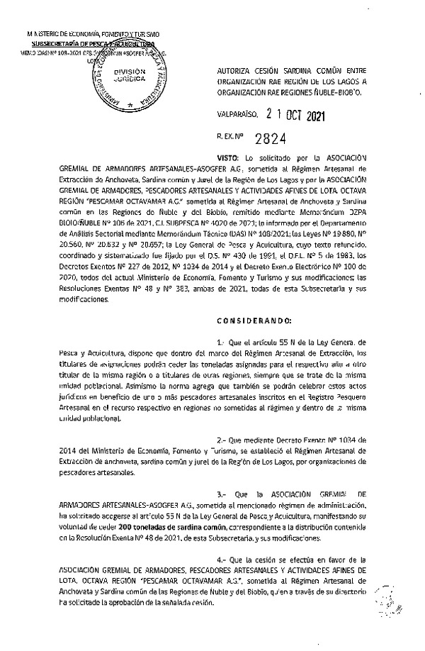 Res. Ex. N° 2824-2021 Autoriza Cesión Sardina común, Región de Los Lagos a Ñuble-Biobío. (Publicado en Página Web 21-10-2021)