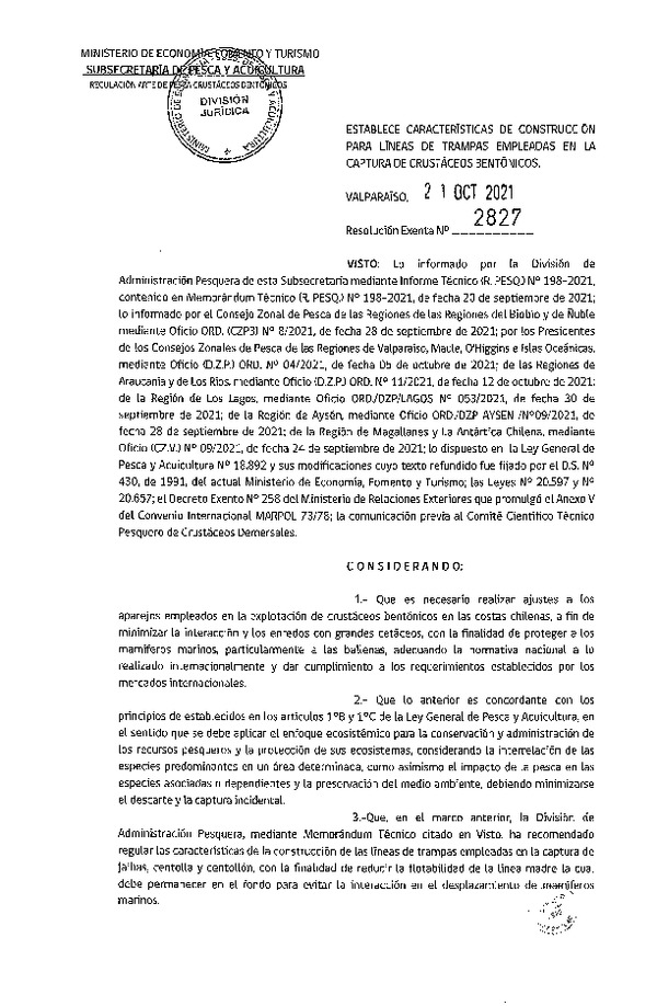 Res. Ex. N° 2827-2021 Establece Características de Construcción para Líneas de Trampas Empleadas en la Captura de Crustáceos Bentónicos. (Publicado en Página Web 22-10-2021)