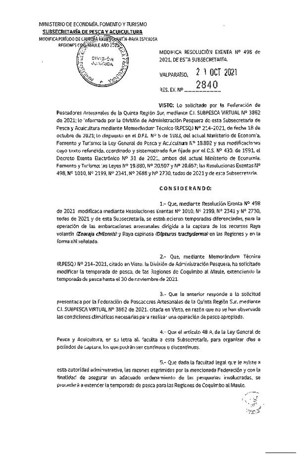 Res. Ex. N° 2840-2021 Modifica Res. Ex. N° 498-2021 que Estableció Periodo de Captura para raya Volantín y Raya Espinosa, Año 2021. (Publicado en Página Web 22-10-2021)