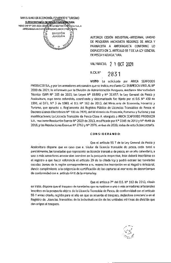 Res. Ex. N° 2831-2021 Autoriza Cesión Anchoveta, Regiones de Arica y Parinacota a Región de Antofagasta. (Publicado en Página Web 22-10-2021)