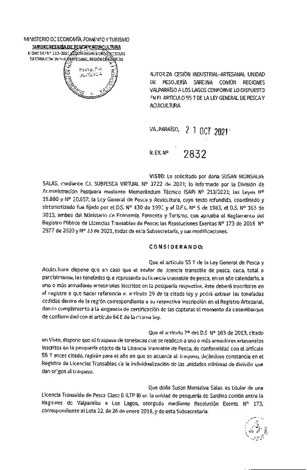 Res. Ex. N° 2832-2021 Autoriza Cesión unidad de pesquería Sardina común, Regiones Valparaíso a Los Lagos. (Publicado en Página Web 22-10-2021)