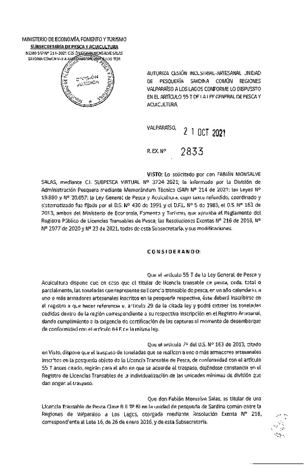 Res. Ex. N° 2833-2021 Autoriza Cesión unidad de pesquería Sardina común, Regiones Valparaíso a Los Lagos. (Publicado en Página Web 22-10-2021)