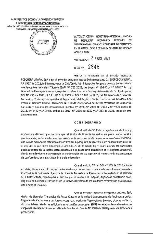 Res. Ex. N° 2848-2021 Autoriza Cesión unidad de pesquería Anchoveta, Regiones Valparaíso a Los Lagos. (Publicado en Página Web 22-10-2021)