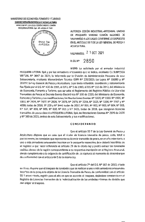 Res. Ex. N° 2850-2021 Autoriza Cesión unidad de pesquería Anchoveta, Regiones Valparaíso a Los Lagos. (Publicado en Página Web 22-10-2021)