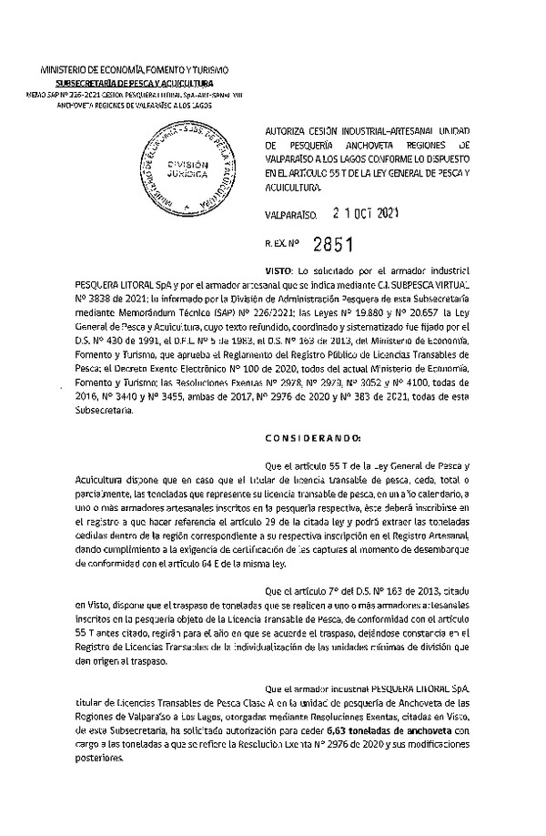 Res. Ex. N° 2851-2021 Autoriza Cesión unidad de pesquería Anchoveta, Regiones Valparaíso a Los Lagos. (Publicado en Página Web 22-10-2021)
