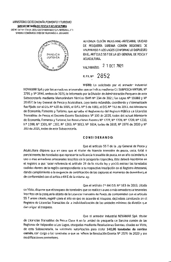 Res. Ex. N° 2852-2021 Autoriza Cesión unidad de pesquería Anchoveta, Regiones Valparaíso a Los Lagos. (Publicado en Página Web 22-10-2021)