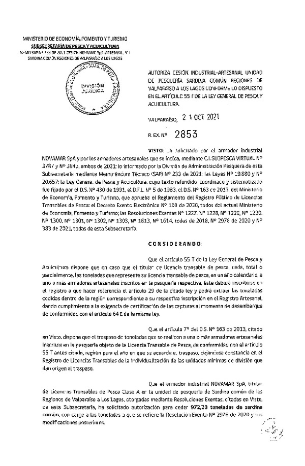 Res. Ex. N° 2853-2021 Autoriza Cesión unidad de pesquería Anchoveta, Regiones Valparaíso a Los Lagos. (Publicado en Página Web 22-10-2021)
