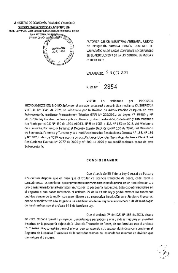 Res. Ex. N° 2854-2021 Autoriza Cesión unidad de pesquería Anchoveta, Regiones Valparaíso a Los Lagos. (Publicado en Página Web 22-10-2021)